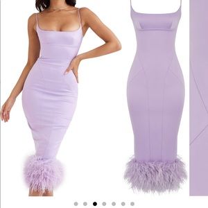 House of CB Helena satin feather trim midi dress.